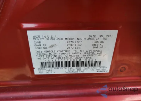 2011 Mitsubishi Galant Es from USA, damaged, VIN 4A32B3FFXBE019223